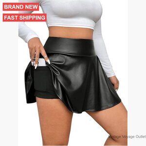 Plus Size PU Leather Skater Skirt High Waist Pleated with Built-in Shorts